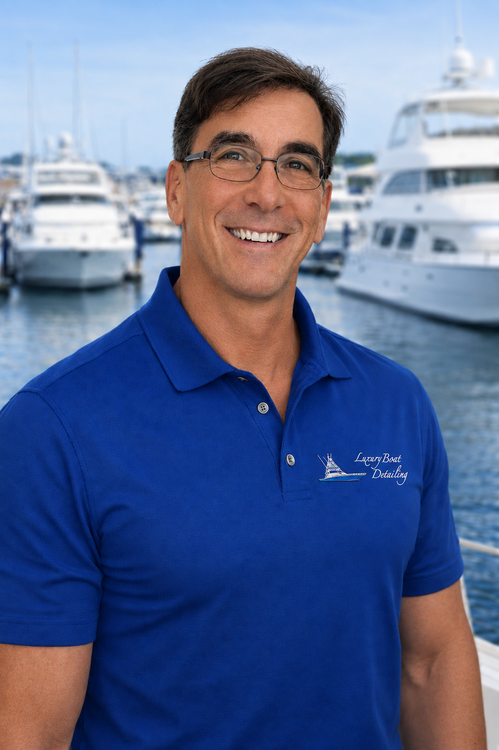 Captain Jim Hayek, owner of Luxury Boat Detailing, on a Florida marina dock